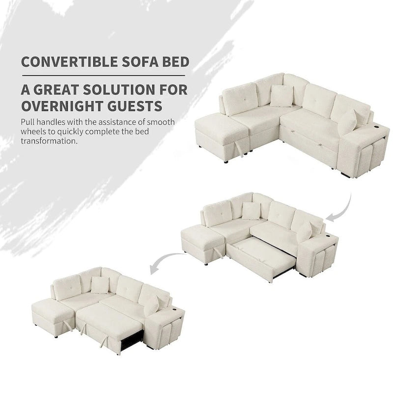 88-Inch Convertible Sectional Sleeper Sofa Bed with Storage Ottoman, USB Ports, Chenille Fabric for Living Room