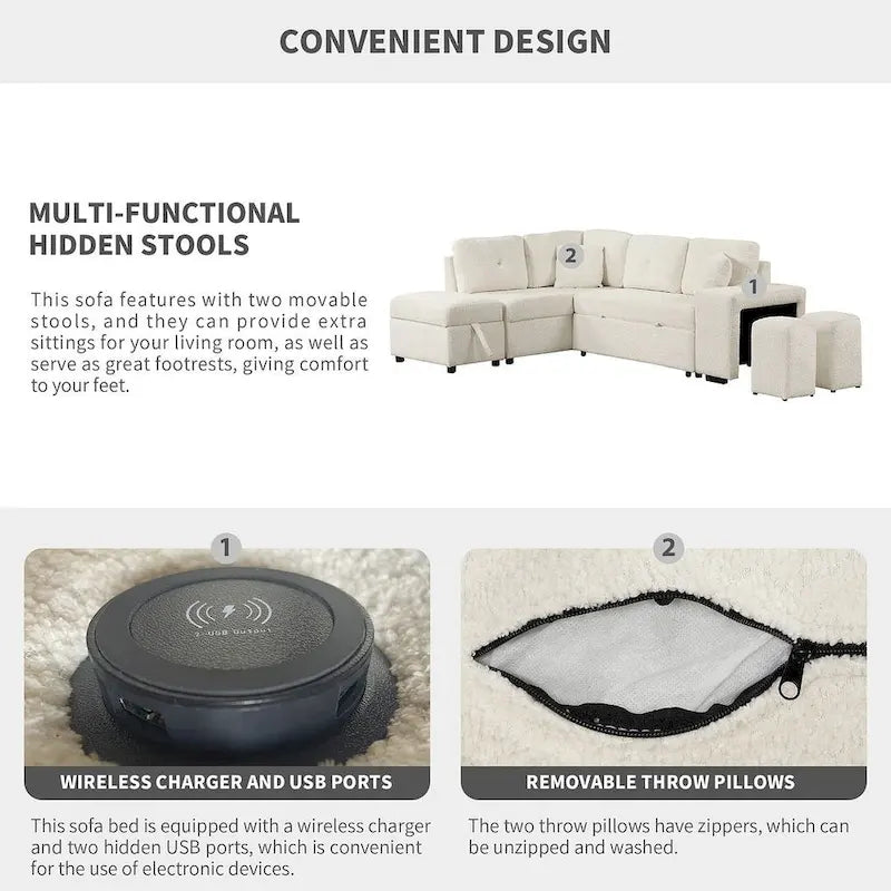 88-Inch Convertible Sectional Sleeper Sofa Bed with Storage Ottoman, USB Ports, Chenille Fabric for Living Room