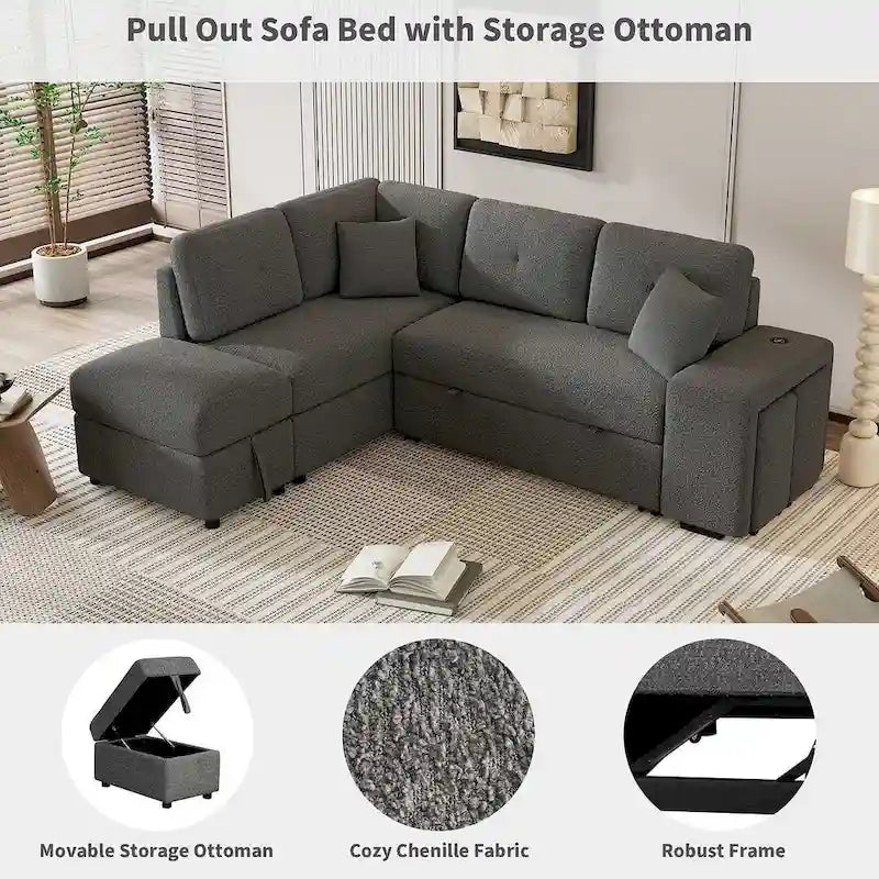 88-Inch Convertible Sectional Sleeper Sofa Bed with Storage Ottoman, USB Ports, Chenille Fabric for Living Room