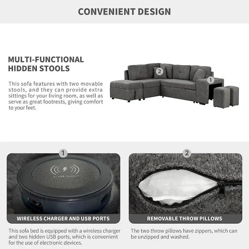 88-Inch Convertible Sectional Sleeper Sofa Bed with Storage Ottoman, USB Ports, Chenille Fabric for Living Room