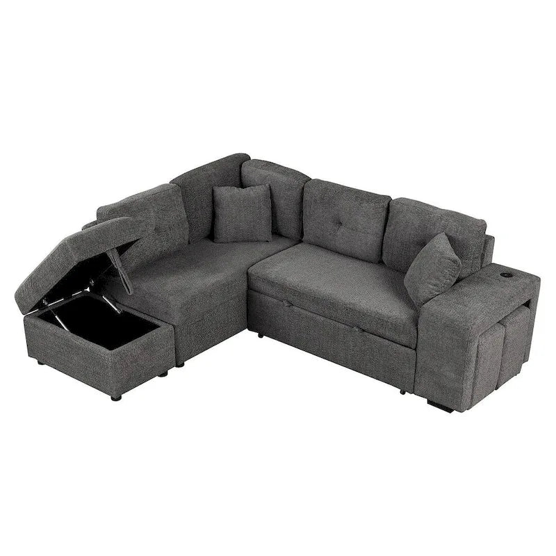 88-Inch Convertible Sectional Sleeper Sofa Bed with Storage Ottoman, USB Ports, Chenille Fabric for Living Room