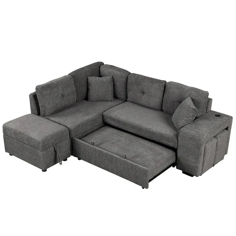 88-Inch Convertible Sectional Sleeper Sofa Bed with Storage Ottoman, USB Ports, Chenille Fabric for Living Room