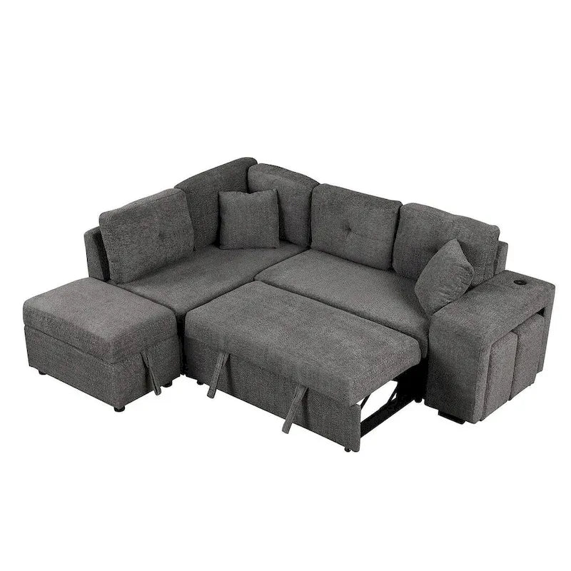 88-Inch Convertible Sectional Sleeper Sofa Bed with Storage Ottoman, USB Ports, Chenille Fabric for Living Room