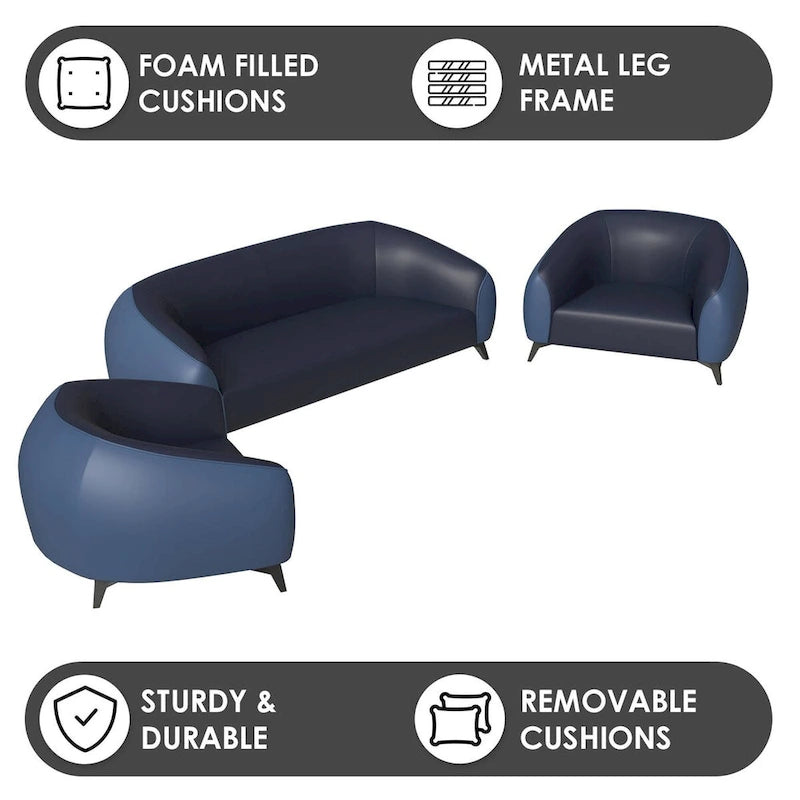 3-Piece Modern Sofa Set with Vegan Leather, Solid Wood Frame, Steel Legs, Foam Cushions for Living Room
