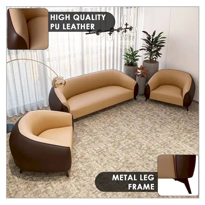3-Piece Modern Sofa Set with Vegan Leather, Solid Wood Frame, Steel Legs, Foam Cushions for Living Room