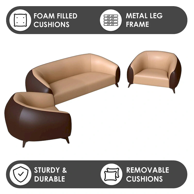 3-Piece Modern Sofa Set with Vegan Leather, Solid Wood Frame, Steel Legs, Foam Cushions for Living Room