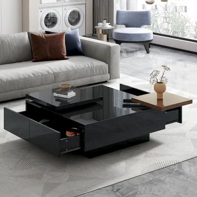 Modern Square Wood Coffee Table with Movable Top 4 Hidden Storage Drawers High Gloss MDF 31.5-40.9 Inch