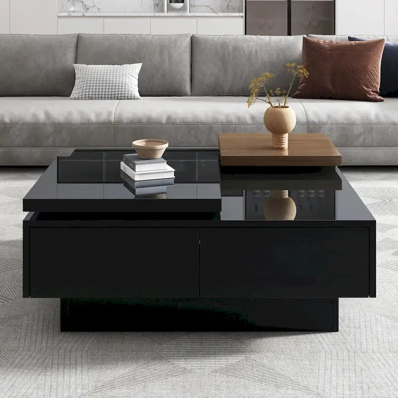 Modern Square Wood Coffee Table with Movable Top 4 Hidden Storage Drawers High Gloss MDF 31.5-40.9 Inch