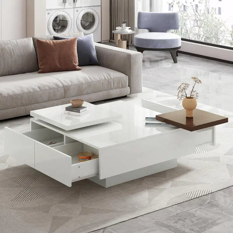 Modern Square Wood Coffee Table with Movable Top 4 Hidden Storage Drawers High Gloss MDF 31.5-40.9 Inch