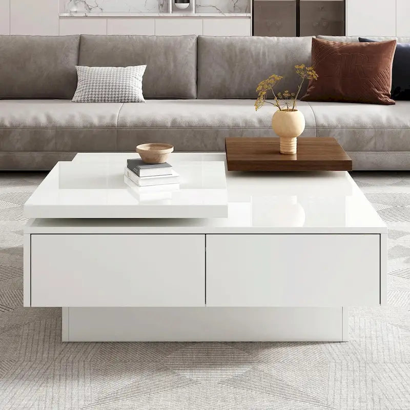 Modern Square Wood Coffee Table with Movable Top 4 Hidden Storage Drawers High Gloss MDF 31.5-40.9 Inch