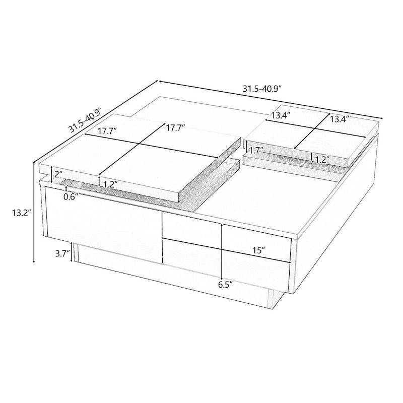 Modern Square Wood Coffee Table with Movable Top 4 Hidden Storage Drawers High Gloss MDF 31.5-40.9 Inch