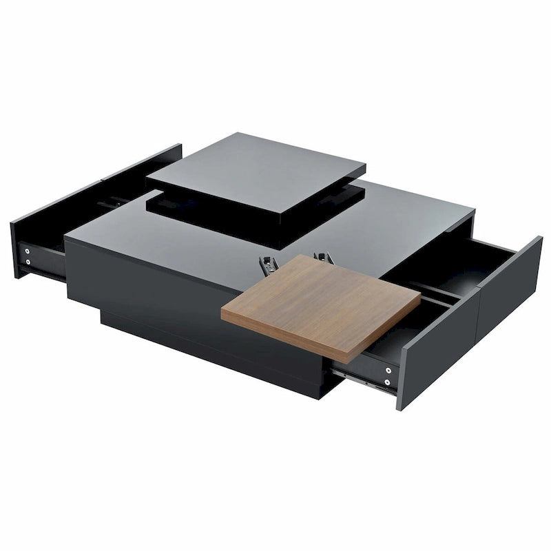 Modern Square Wood Coffee Table with Movable Top 4 Hidden Storage Drawers High Gloss MDF 31.5-40.9 Inch