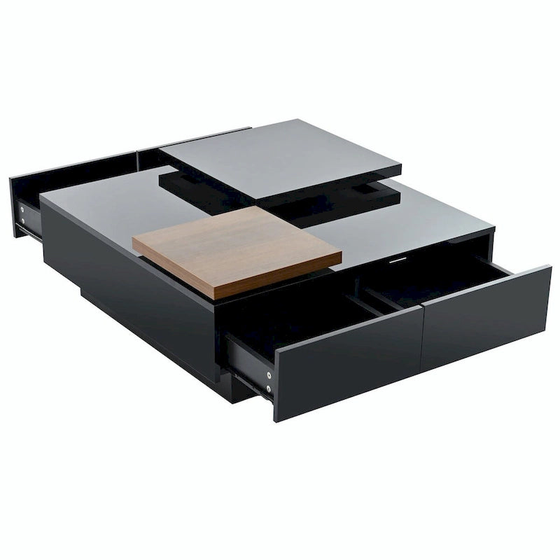 Modern Square Wood Coffee Table with Movable Top 4 Hidden Storage Drawers High Gloss MDF 31.5-40.9 Inch