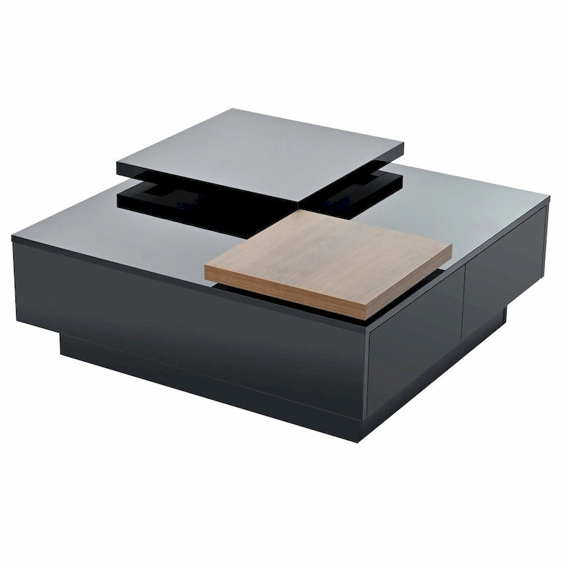 Modern Square Wood Coffee Table with Movable Top 4 Hidden Storage Drawers High Gloss MDF 31.5-40.9 Inch