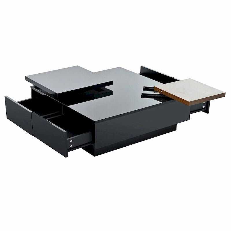 Modern Square Wood Coffee Table with Movable Top 4 Hidden Storage Drawers High Gloss MDF 31.5-40.9 Inch