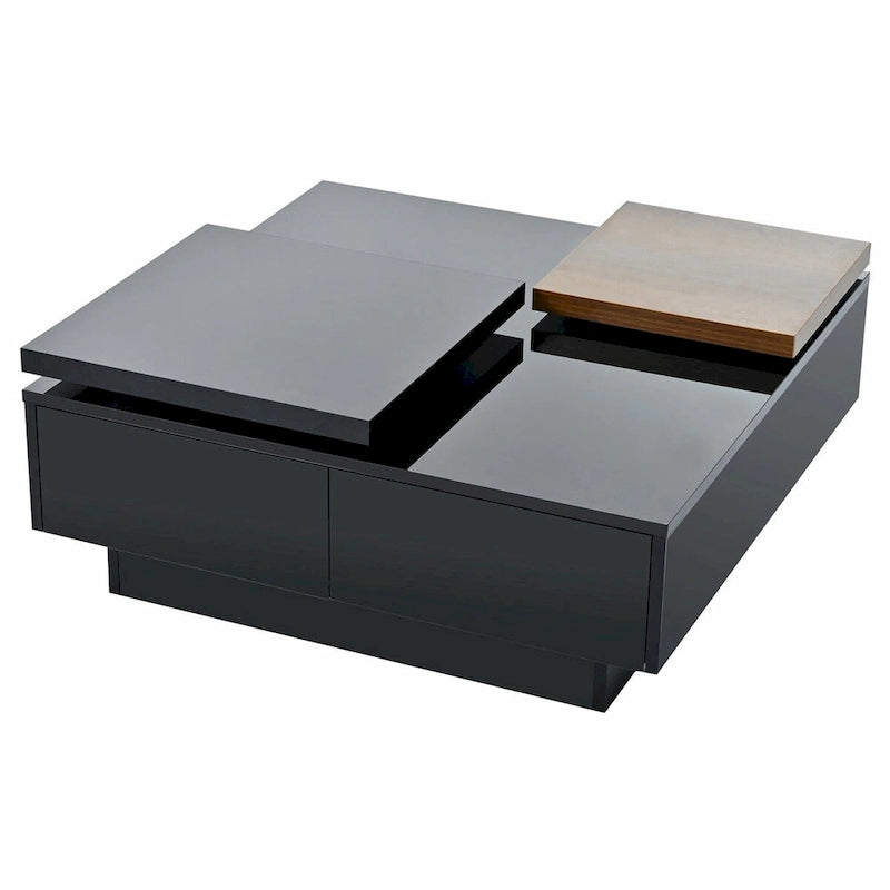Modern Square Wood Coffee Table with Movable Top 4 Hidden Storage Drawers High Gloss MDF 31.5-40.9 Inch