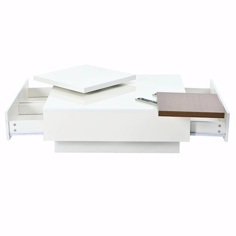 Modern Square Wood Coffee Table with Movable Top 4 Hidden Storage Drawers High Gloss MDF 31.5-40.9 Inch