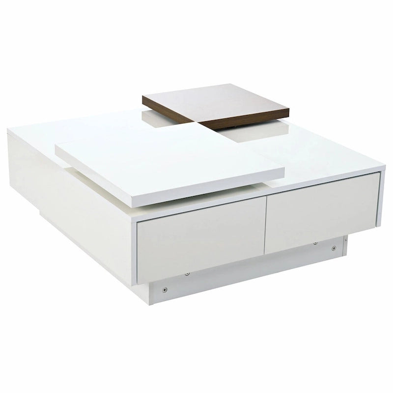 Modern Square Wood Coffee Table with Movable Top 4 Hidden Storage Drawers High Gloss MDF 31.5-40.9 Inch
