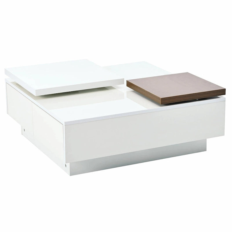 Modern Square Wood Coffee Table with Movable Top 4 Hidden Storage Drawers High Gloss MDF 31.5-40.9 Inch