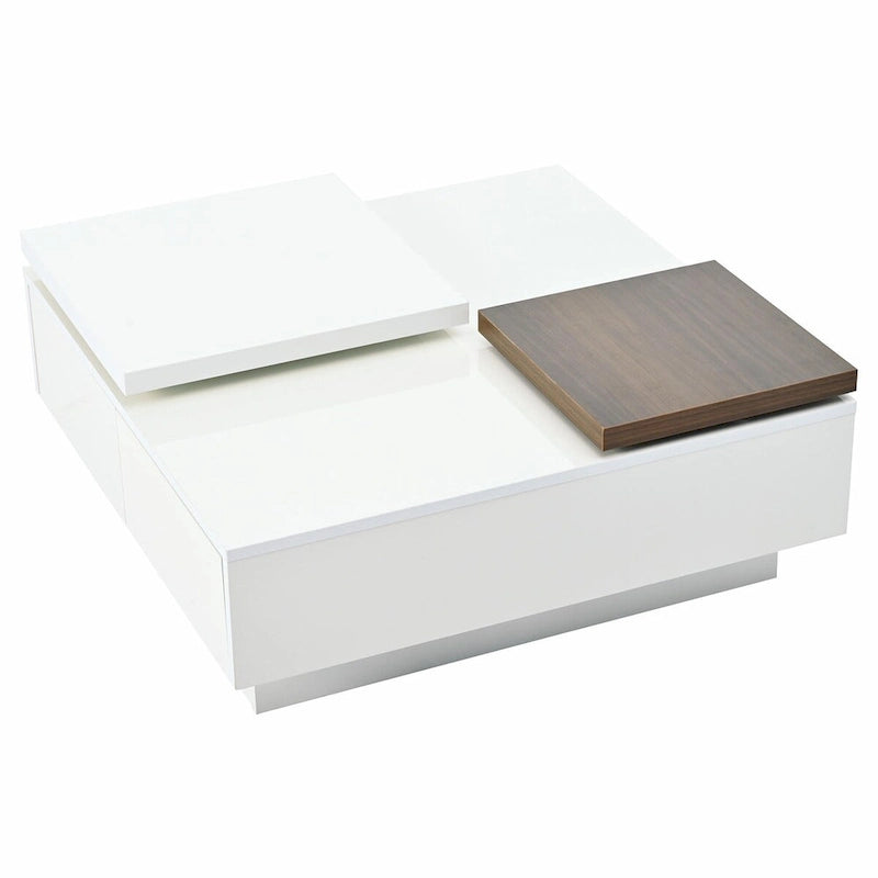 Modern Square Wood Coffee Table with Movable Top 4 Hidden Storage Drawers High Gloss MDF 31.5-40.9 Inch