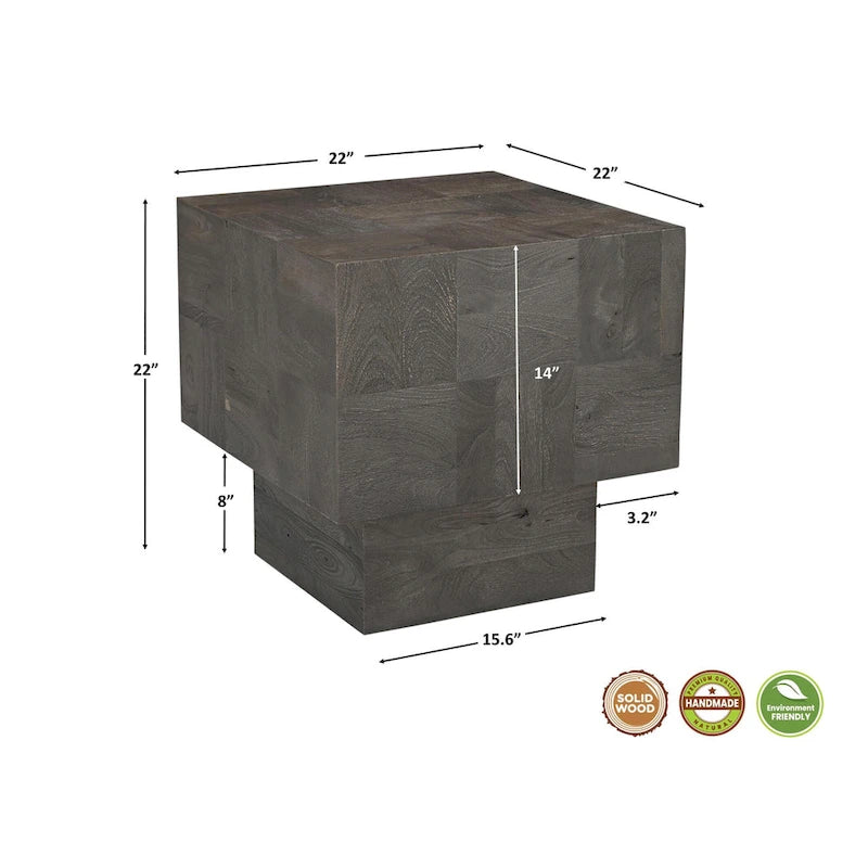 Modern Handcrafted Solid Mango Wood Side Table with Neutral Finish, Clean Lines for Living Room