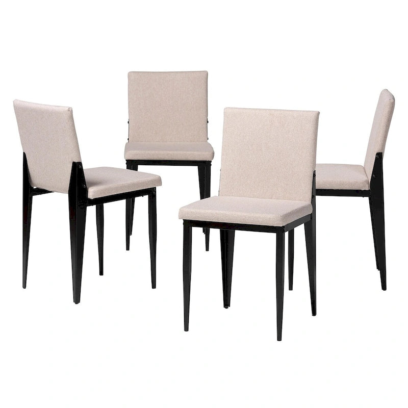Industrial Dining Chairs Set of 4 - Metal Frame Fabric Upholstered - Beige/Grey Black - Modern Square Backrest Padded Seats