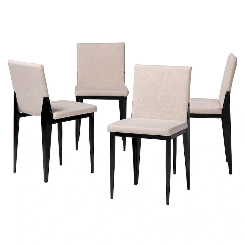 Industrial Dining Chairs Set of 4 - Metal Frame Fabric Upholstered - Beige/Grey Black - Modern Square Backrest Padded Seats