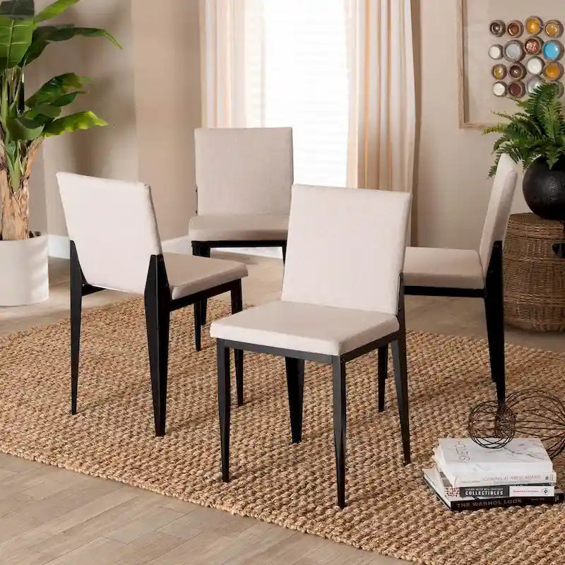 Industrial Dining Chairs Set of 4 - Metal Frame Fabric Upholstered - Beige/Grey Black - Modern Square Backrest Padded Seats