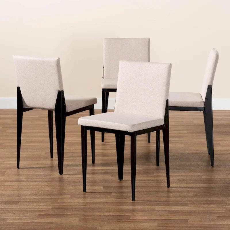 Industrial Dining Chairs Set of 4 - Metal Frame Fabric Upholstered - Beige/Grey Black - Modern Square Backrest Padded Seats