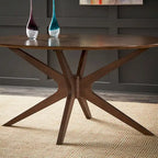 63-Inch Mid-Century Modern Oval Dining Table with Walnut Finish, Sunburst Inlay, Splayed Legs, Seats 4