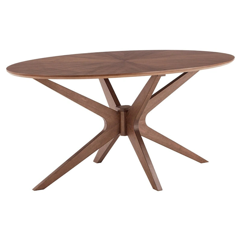 63-Inch Mid-Century Modern Oval Dining Table with Walnut Finish, Sunburst Inlay, Splayed Legs, Seats 4