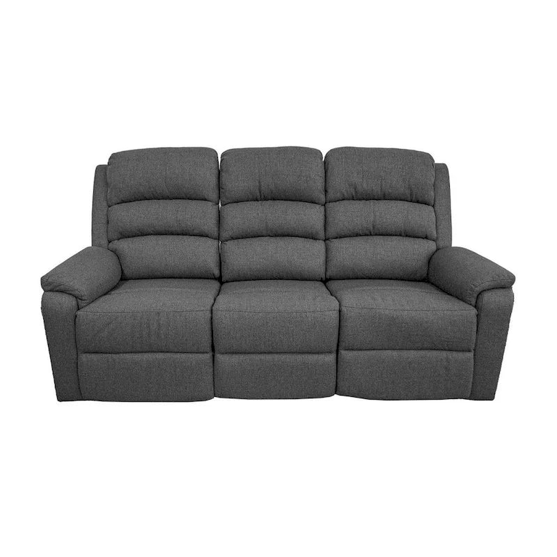 Fery 74 Inch Manual Recliner Sofa, 3 Seater, Gray Burlap Upholstery, Wood