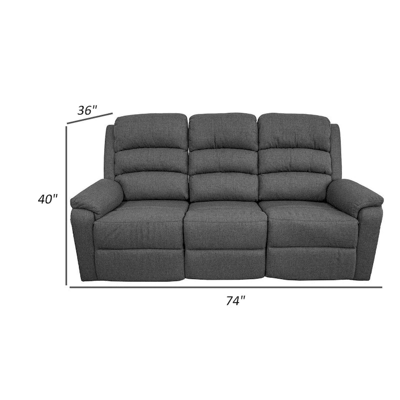 74-Inch Manual Recliner Sofa, 3-Seater with Gray Burlap Upholstery, Tufted Headrest, Solid Wood Frame