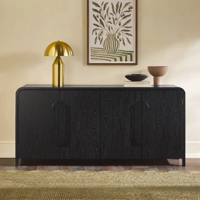 64-Inch Modern Sideboard Buffet Cabinet with Waterfall Edges, Wooden Handles, Storage Shelves, MDF Laminate for Dining Room