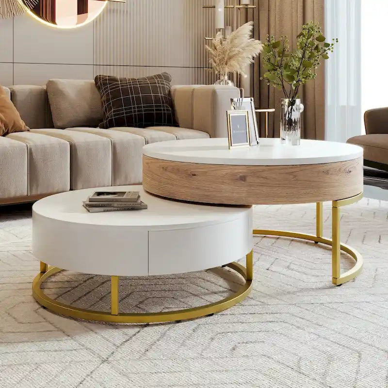 Modern Round Lift-Top Nesting Coffee Tables with 2 Drawers, Hydraulic Mechanism, MDF, White & Black