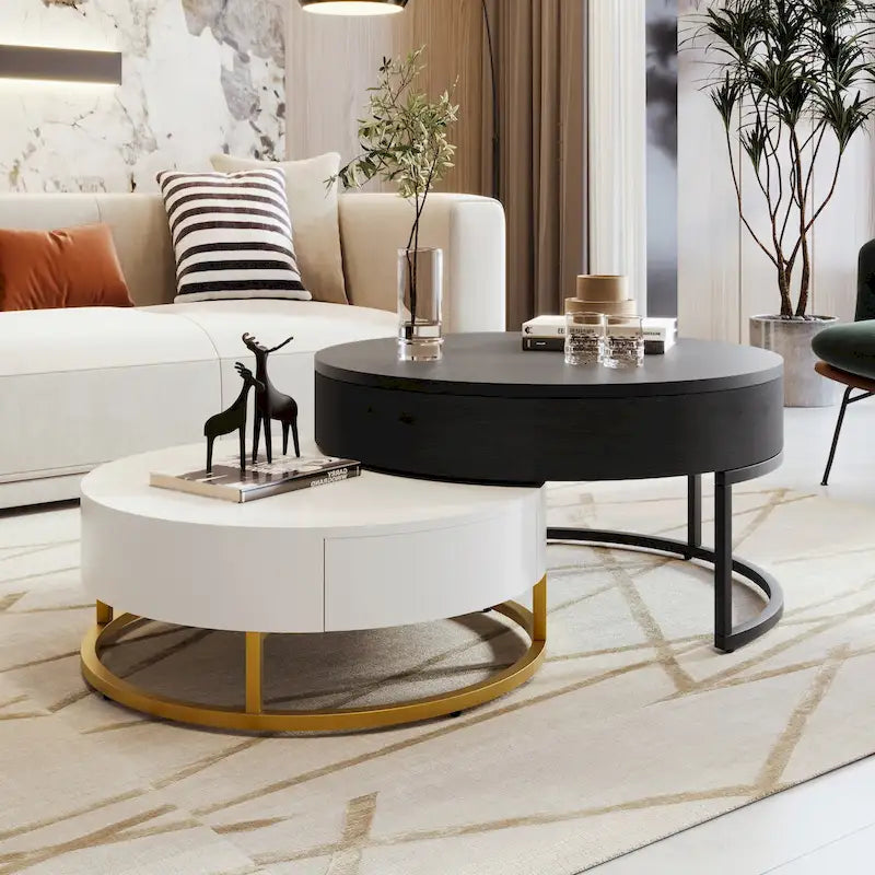 Modern Round Lift-Top Nesting Coffee Tables with 2 Drawers, Hydraulic Mechanism, MDF, White & Black