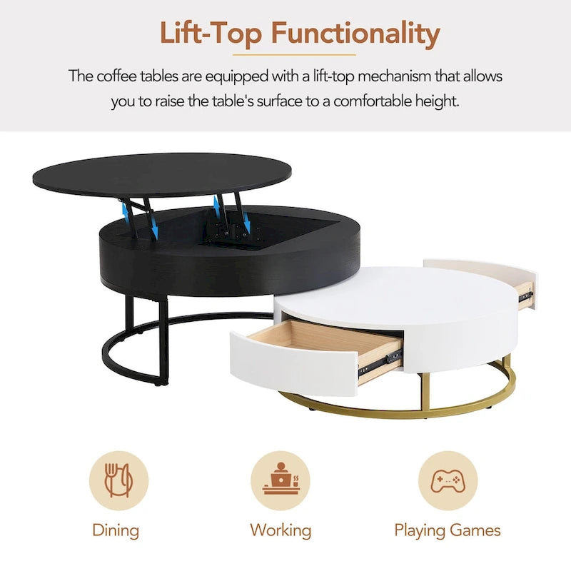 Modern Round Lift-Top Nesting Coffee Tables with 2 Drawers, Hydraulic Mechanism, MDF, White & Black