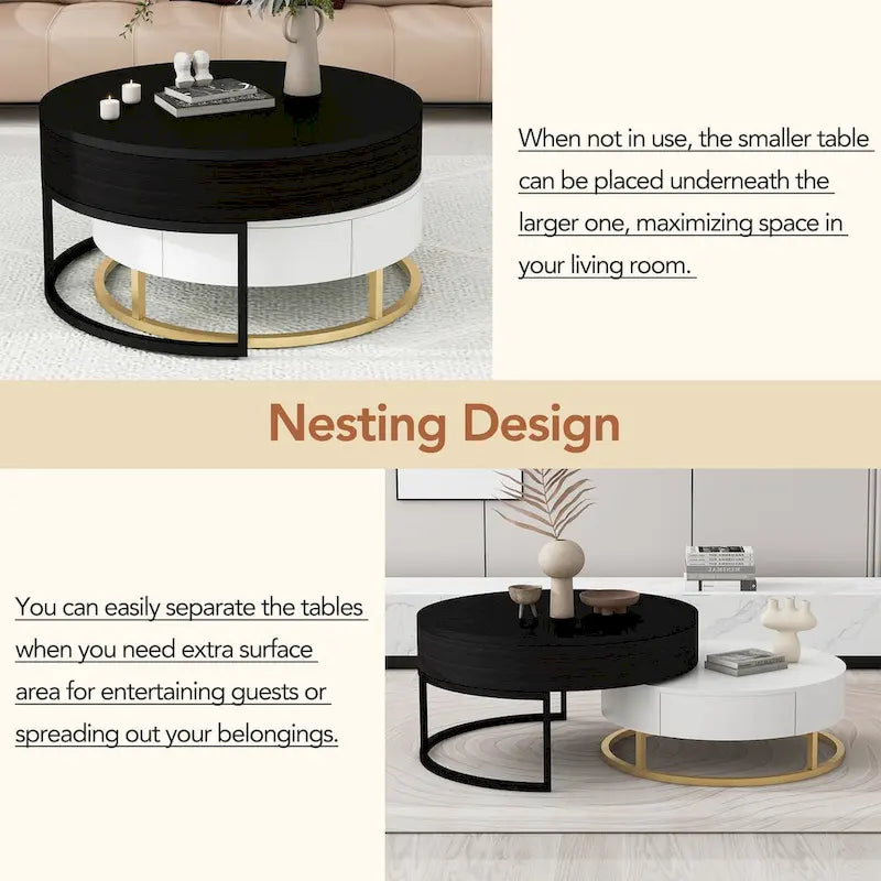 Modern Round Lift-Top Nesting Coffee Tables with 2 Drawers, Hydraulic Mechanism, MDF, White & Black