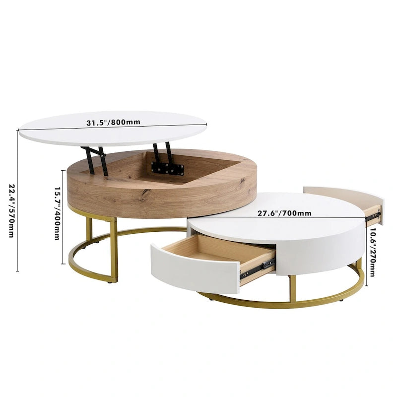 Modern Round Lift-Top Nesting Coffee Tables with 2 Drawers, Hydraulic Mechanism, MDF, White & Black
