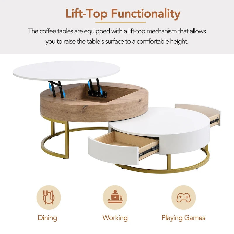 Modern Round Lift-Top Nesting Coffee Tables with 2 Drawers, Hydraulic Mechanism, MDF, White & Black