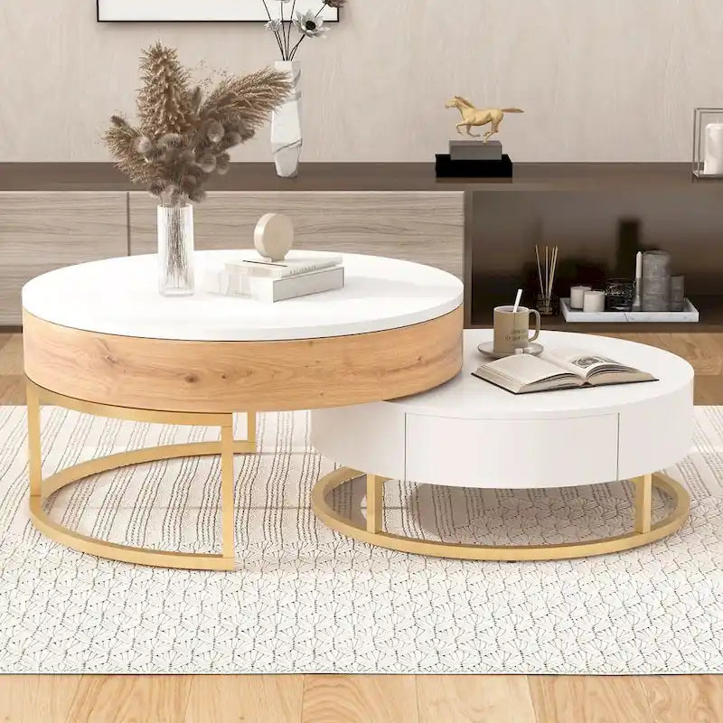 Modern Round Lift-Top Nesting Coffee Tables with 2 Drawers, Hydraulic Mechanism, MDF, White & Black
