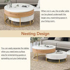 Modern Round Lift-Top Nesting Coffee Tables with 2 Drawers, Hydraulic Mechanism, MDF, White & Black