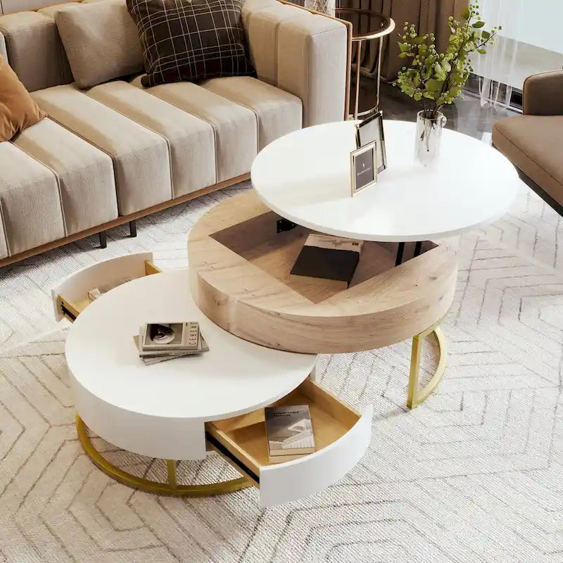 Modern Round Lift-Top Nesting Coffee Tables with 2 Drawers, Hydraulic Mechanism, MDF, White & Black