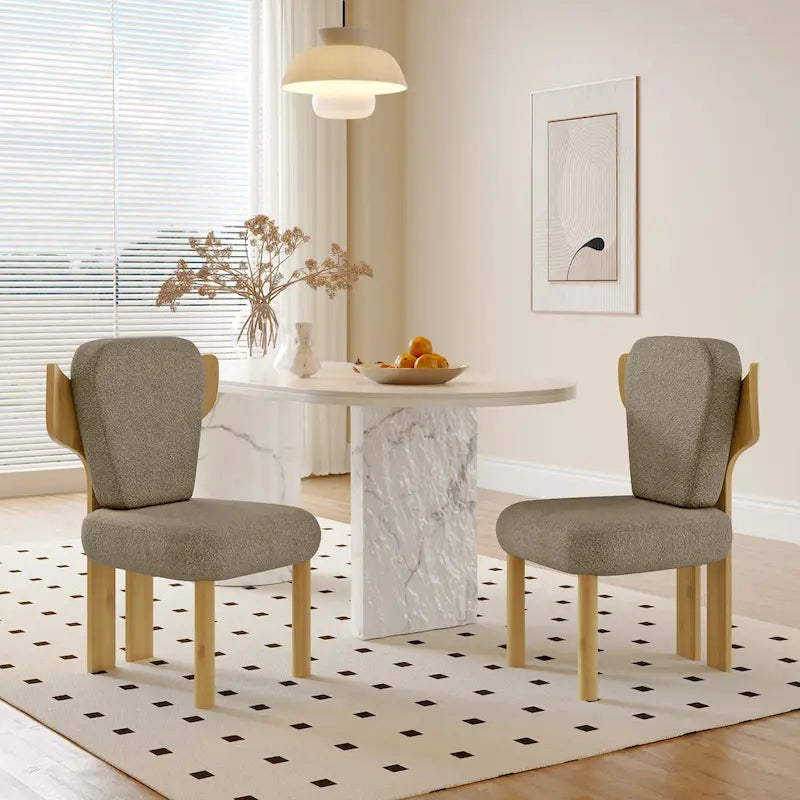 Teddy Fabric Upholstered Dining Chairs Set of 2 - Wingback Design with Wood Legs, High-Density Sponge Cushion, Kitchen Living Room Furniture