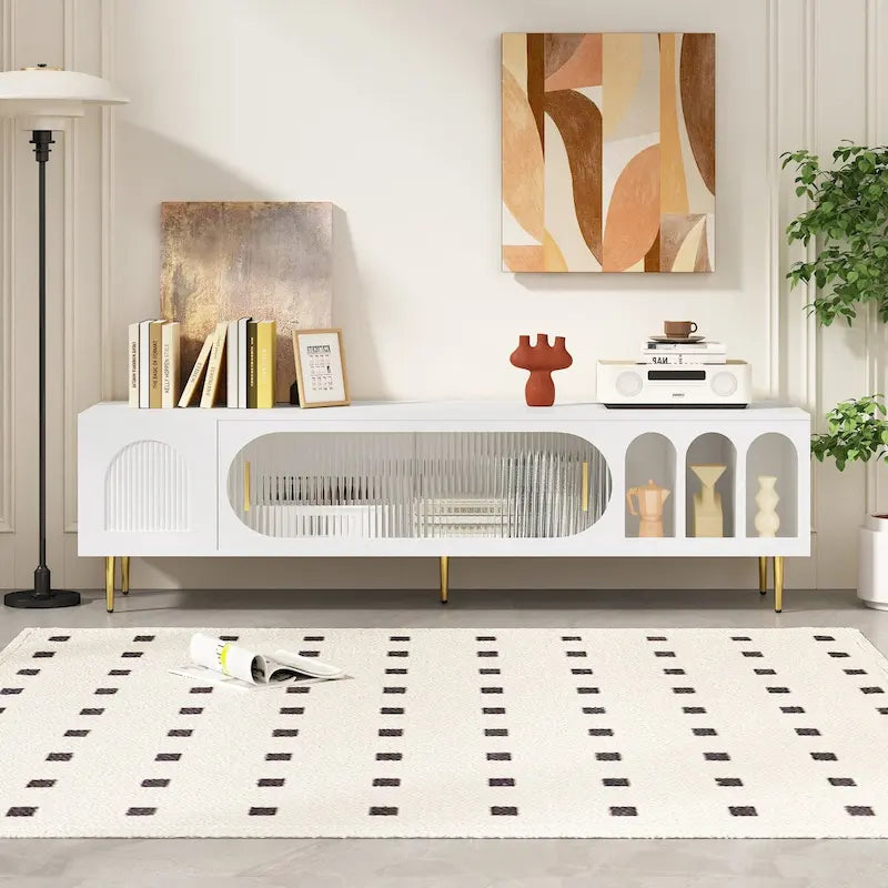 71-Inch Modern TV Stand for 70" TV with 3 Shelves, 2 Cabinets, Acrylic Door, Cable Management for Living Room