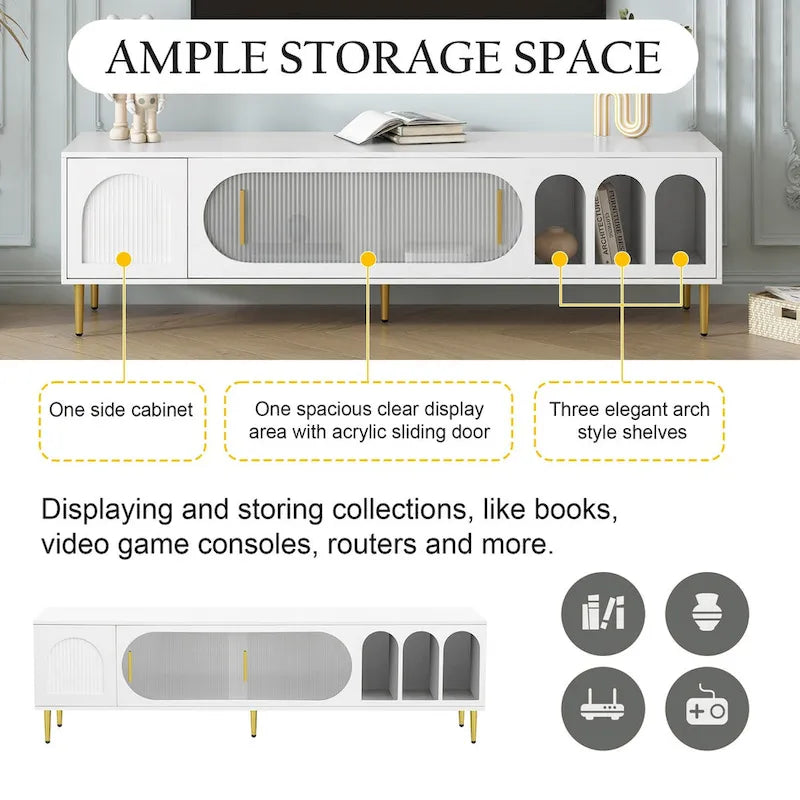 71-Inch Modern TV Stand for 70" TV with 3 Shelves, 2 Cabinets, Acrylic Door, Cable Management for Living Room