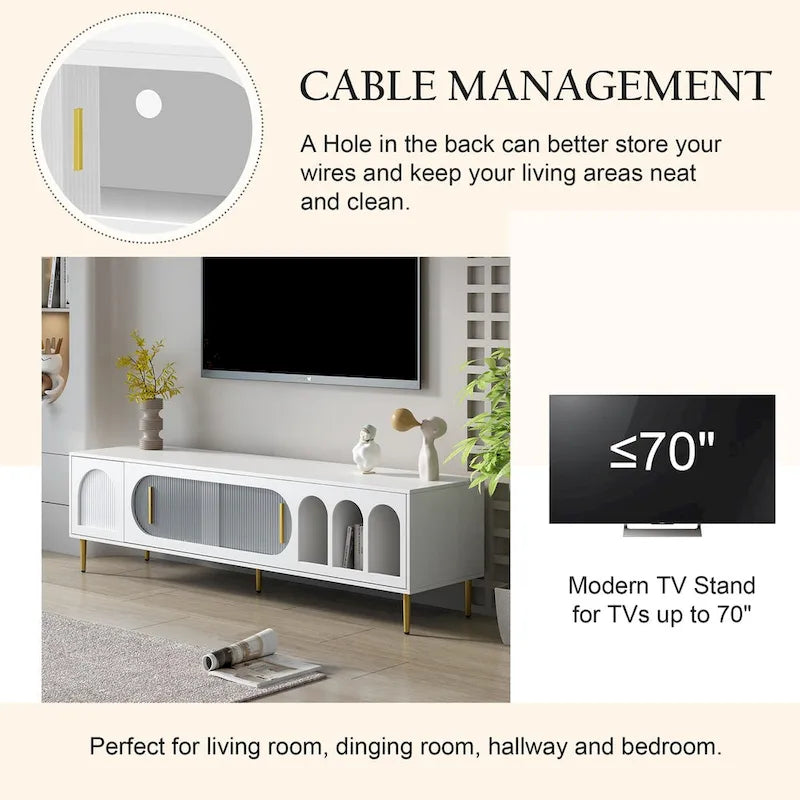 71-Inch Modern TV Stand for 70" TV with 3 Shelves, 2 Cabinets, Acrylic Door, Cable Management for Living Room