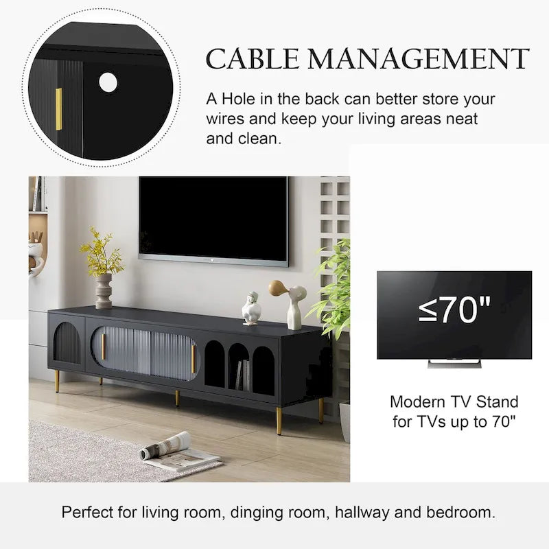 71-Inch Modern TV Stand for 70" TV with 3 Shelves, 2 Cabinets, Acrylic Door, Cable Management for Living Room